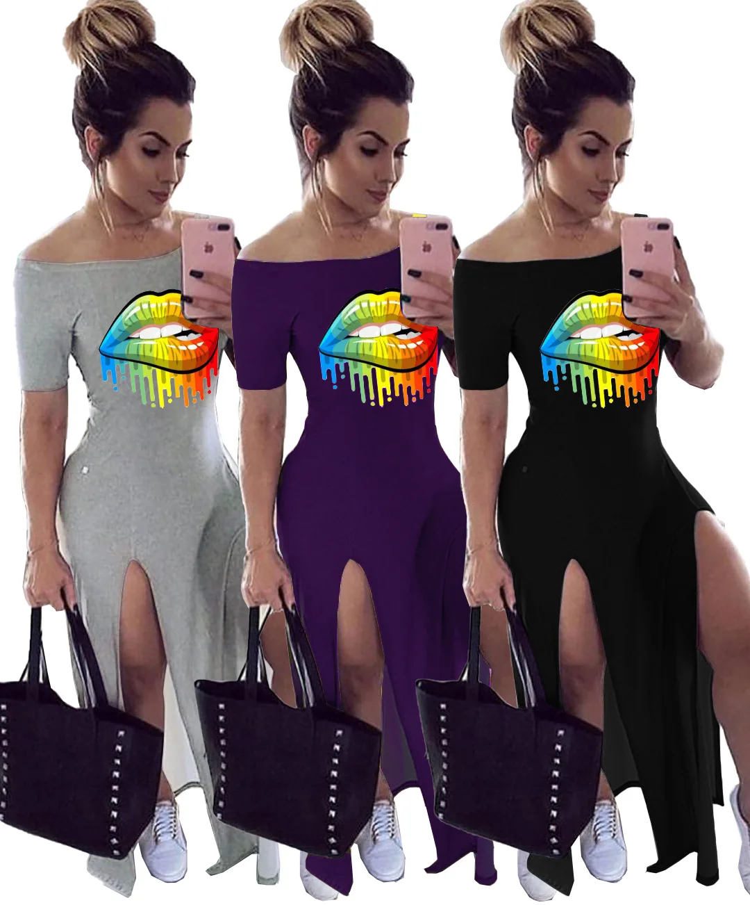 

N166 Sexy One shoulder loose 3D lip print casual dress nightclub clothes Trendy rainbow Color Dresses