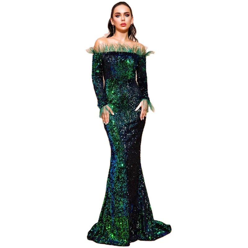 

Prom Evening Gown Sequin Evening Dress Female 2022 New Off-shoulder Feather Long-sleeve Party Long Evening Dress FT19005, As picture