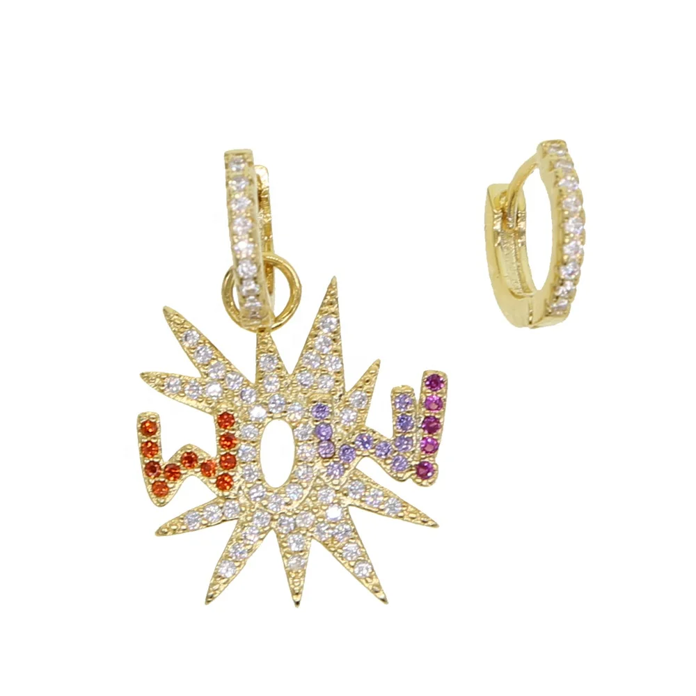 micro pave cz colorful stone customize letter WOW dangle earring