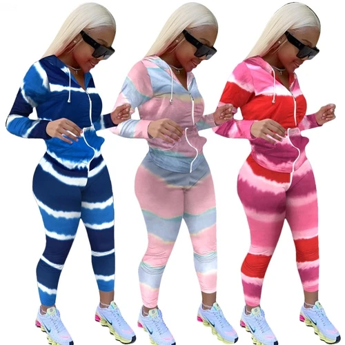 

In Stock 2020 Women Fall Tie Dye Clothing Two Piece Set Biker Short Sets Sweat Pants Jackets Women 2 Piece Set Outfits Joggers