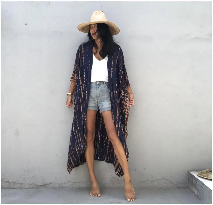 

Kimono Beach 2022 Rayon Women Summer Tunics Robe de Plage Tie Dye Stripe Open Cardigan Beach Kimono for Bikini Cover