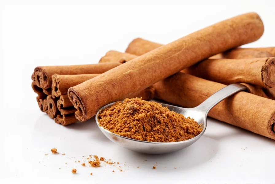 Close-up of Ceylon cinnamon sticks next to a measuring spoon showing 1/2 teaspoon portion