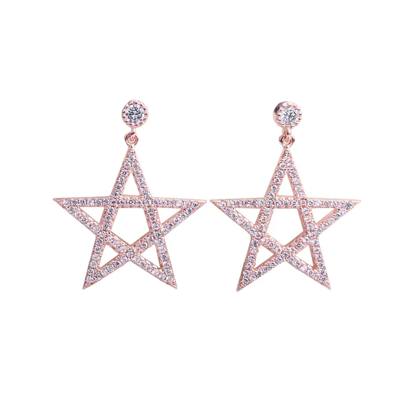 

Big star set with zircon diamonds and small exaggerated women's long S925 silver earrings rose gold earrings, Rose gold/platinum