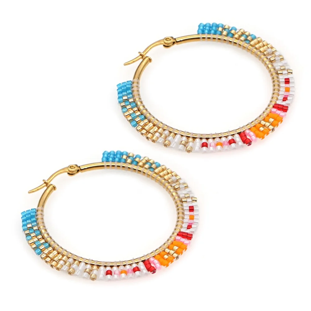 

Retro Ethnic Style Bohemian Color Geometricmiyukibead Handmade Woven Large Hoop Earrings For Women, Picture color