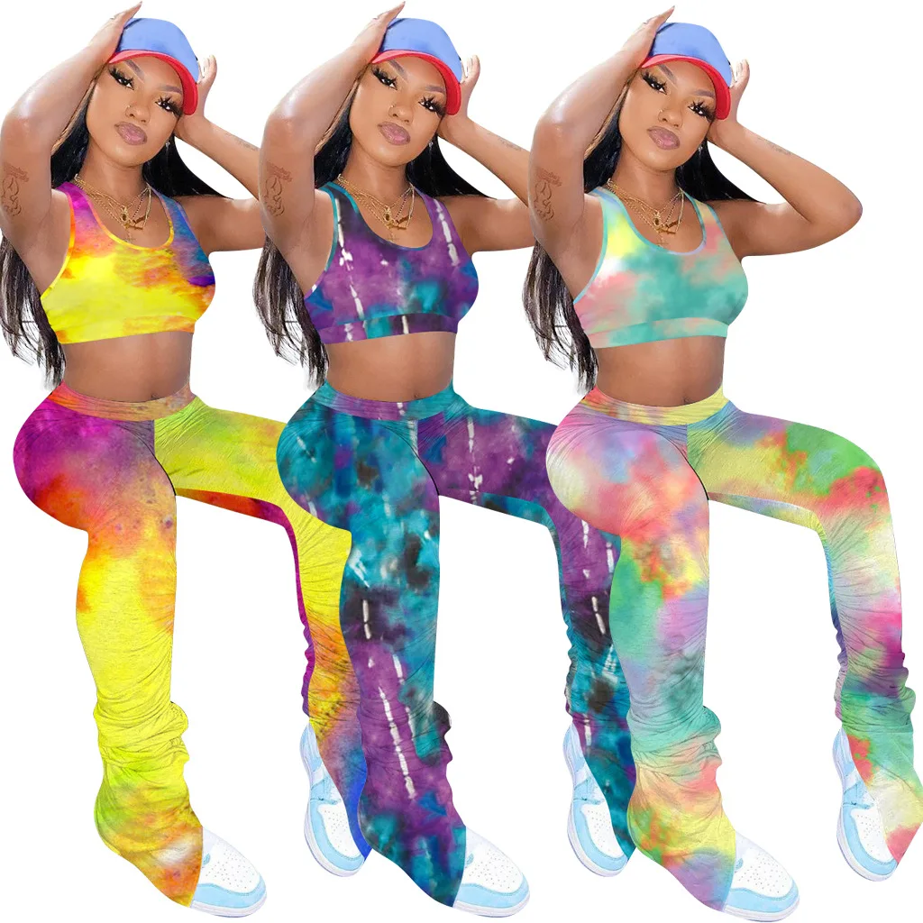 

Trendy Tie Dye Women Matching Sets 2020 Summer Clothes Streetwear Crop VEST and Slit Leggings Stacked Pants Two Piece Set, Yellow blue, purple, green