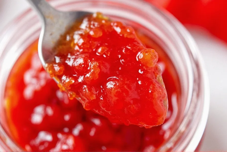 Close-up photograph of Trader Joe's pepper jelly in glass jar with spoon showing its thick, glossy texture and vibrant red color