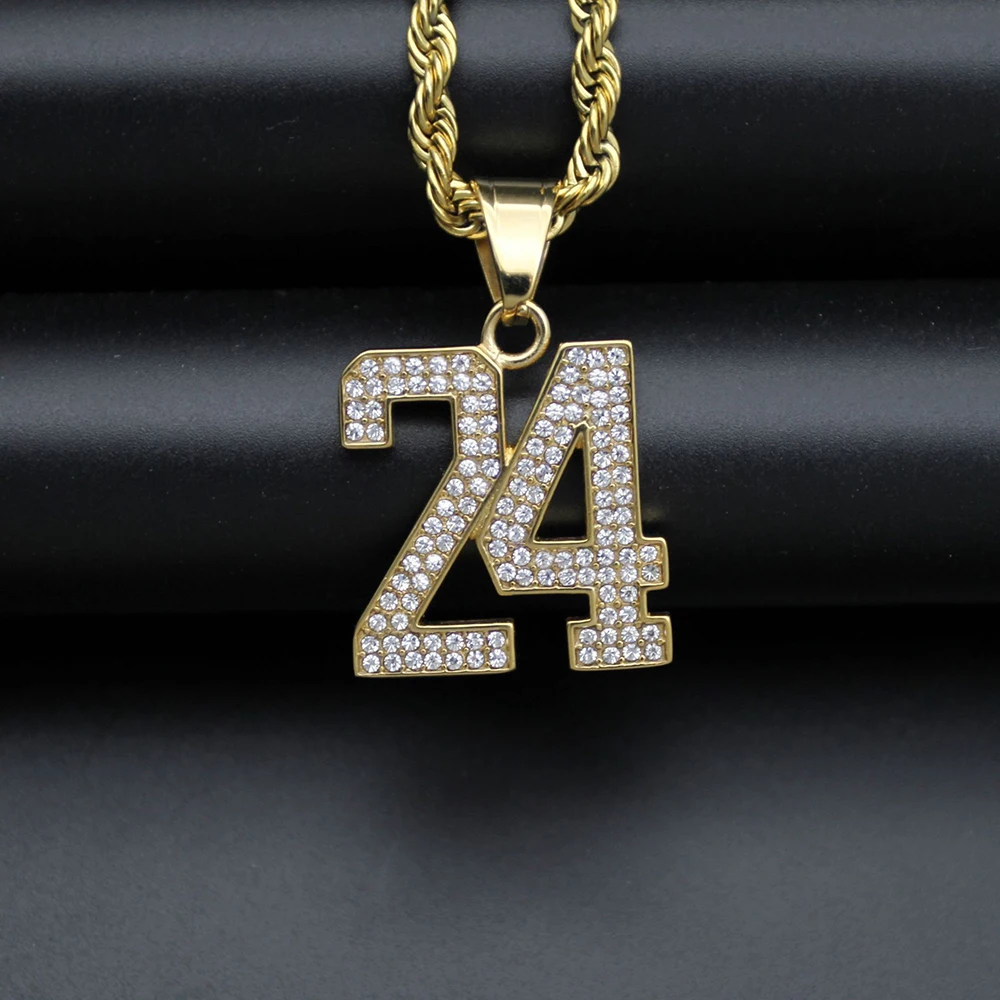 

Hip hop bling rhinestone digital number 24 charm stainless steel gold pendant necklace