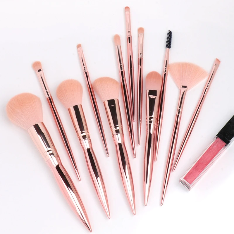 

High Quality 12PCS Luxury Professional Matte Plating Rose Gold Cosmetic Makeup Brushes With Travel Portable Bag Makeup Brush Set, Matte rose gold