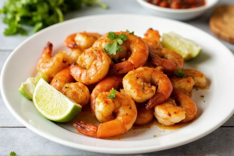 Perfectly cooked chili lime shrimp with fresh lime wedges and cilantro garnish on white plate