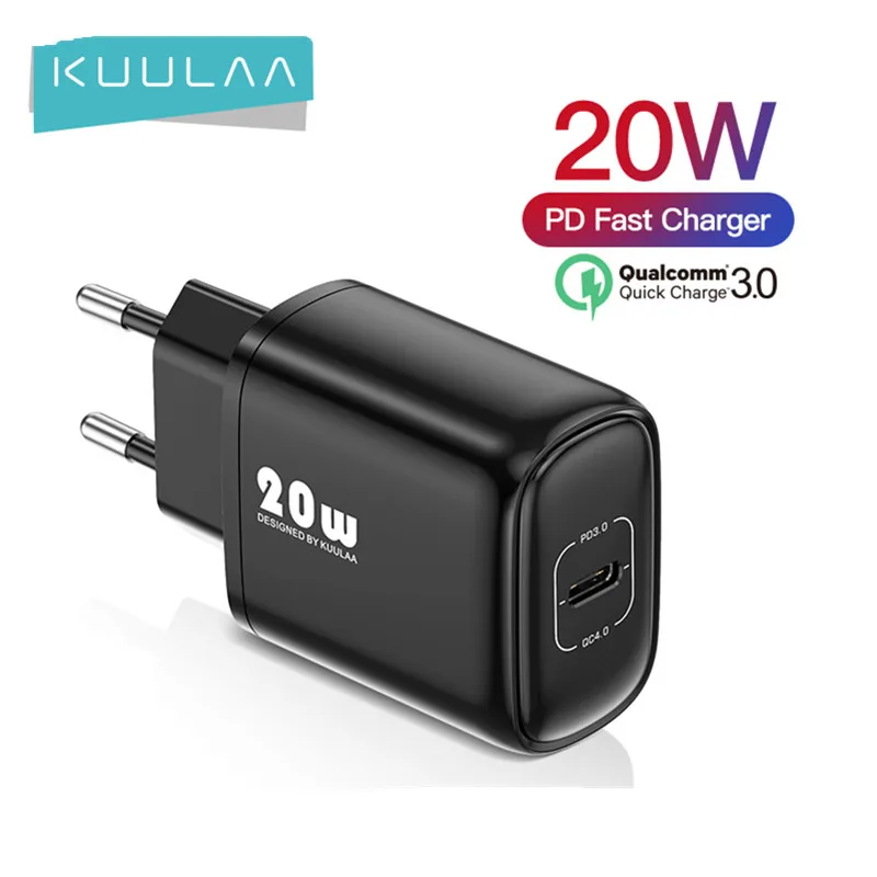 

Kuulaa New Arrival For iPhone Series IOS 20W QC 4.0 PD3.0 Usb-C Power Adapter Fast Charger With CE CB ETL Certificate, Black white
