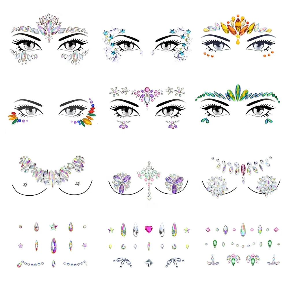

Wholesale Woman Makeup Party Festival Temporary Crystal Body Jewel Sticker Adhesive Rhinestone Face Gem
