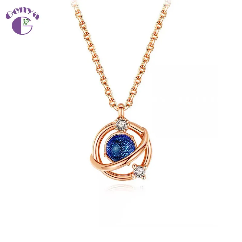 

GENYA Fantasy Universe Planet necklace 925 sterling silver creative blue glass crystal choker chain Ins style necklace, As picture