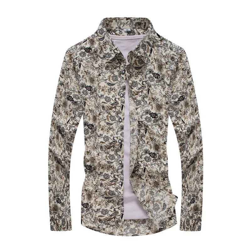 Allover Floral Printed Mens Spring Autumn Long Sleeve  Fashion Casual Plus Size Shirts For Men