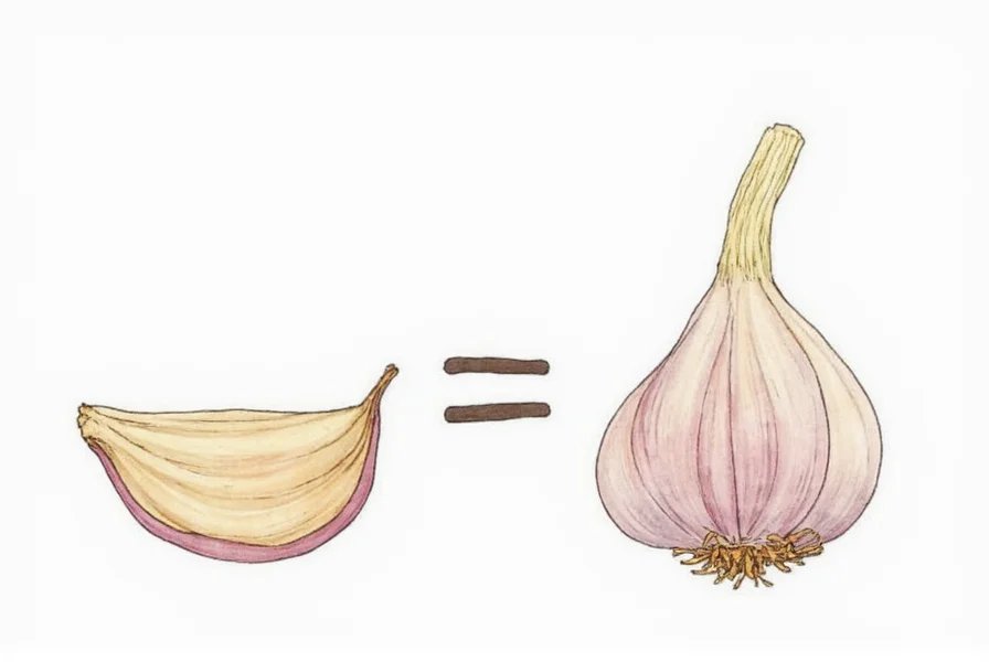 Garlic clove measurement comparison showing minced, chopped, and powder equivalents