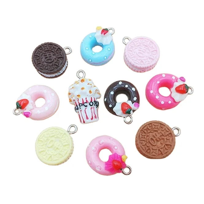 

Resin Simulated food charm Cute Resin donuts Oreo Biscuits popcorn pendant For Woman Girls Making jewelry DIY, Picture
