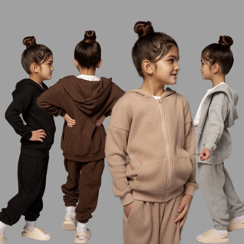 

2021 New Multicolor Children's Waffle Hoodie Set hoodie and jogger set long sleeve casual fashion girls 2 piece sets