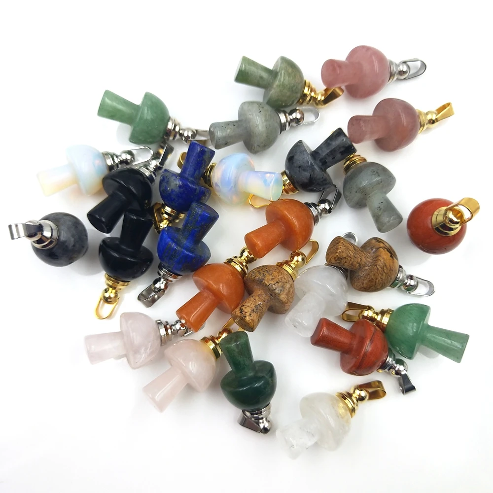 

Natural mini mushroom Gemstone genuine Crystal carved cute Chakra Perfume Bottle charms Pendant Necklace for girl gift Jewelry, Rainbow