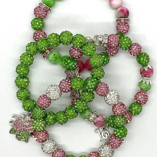 

Customized Any Color Pink and Green Rhinestones Beads Bracelets Greek Letter Alpha Kap Alpha Elastic Sorority Charm bracelets