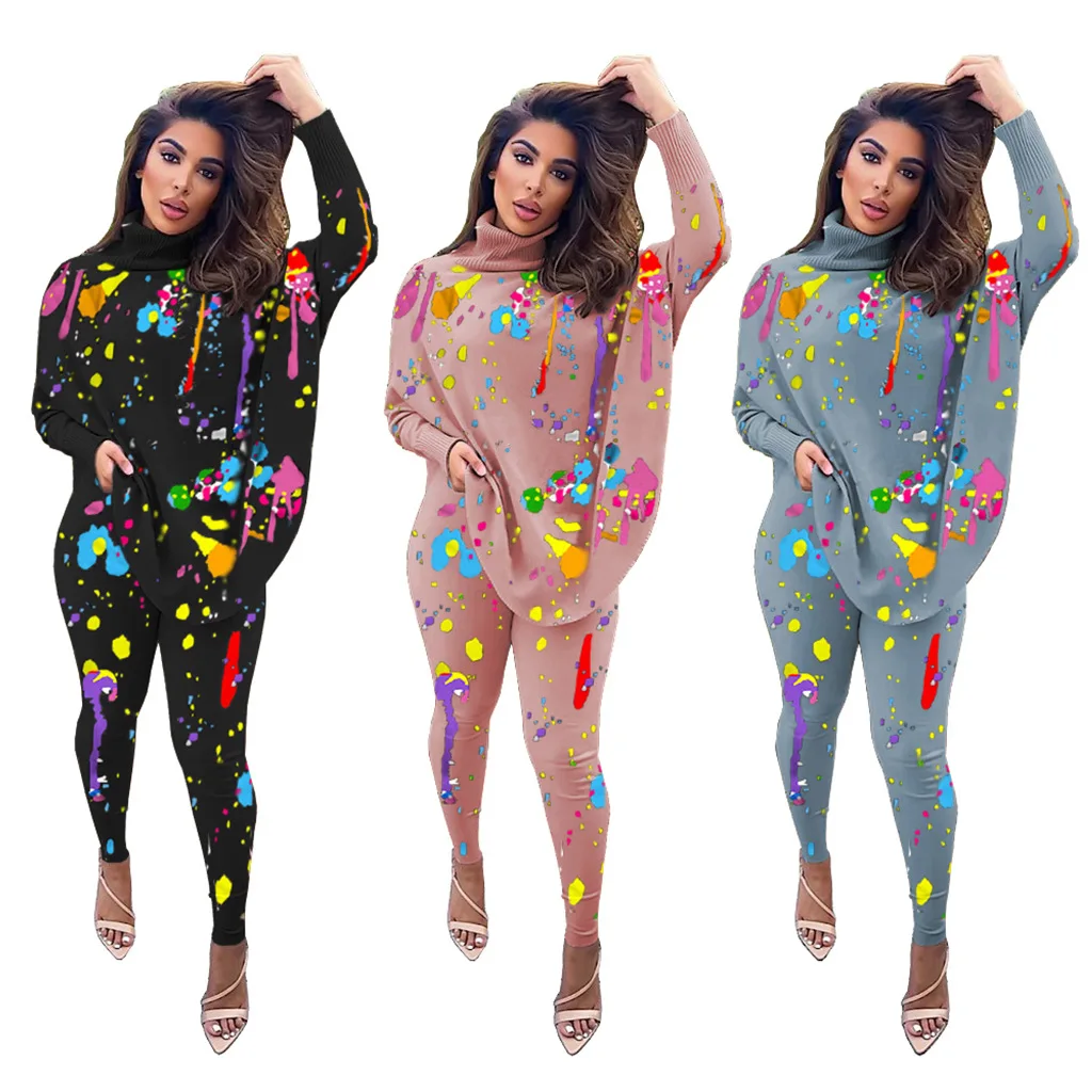 

Winter Wear 2021 Turtleneck Set Fashion Casual Graffiti Print Bat Sleeve Sweater Two Piece Pants Set For Ladies, Picture color