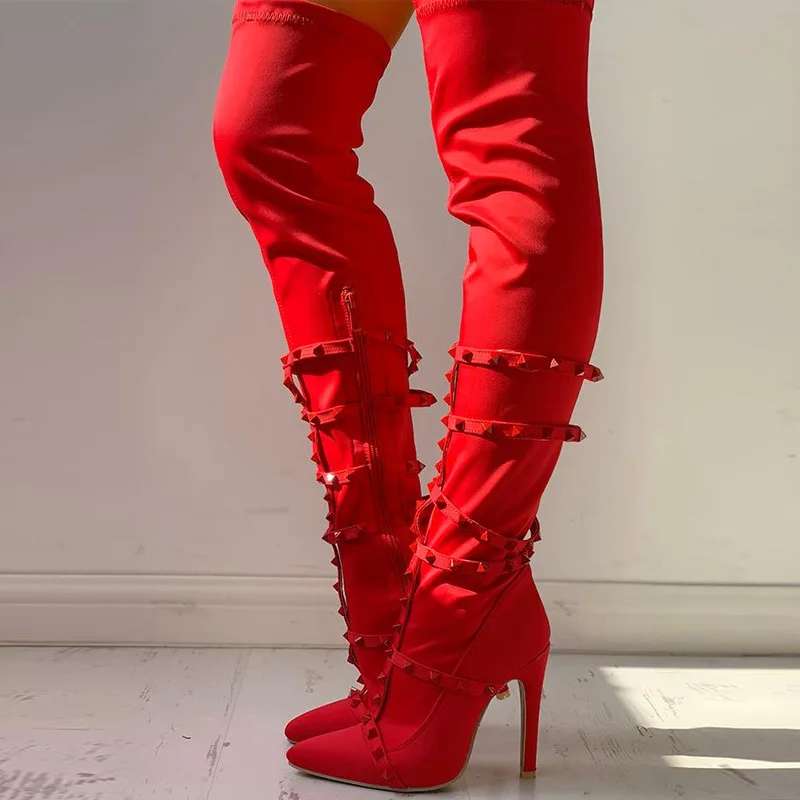 

Rivet decoration side zipper high stiletto heel over the knee designer boots long women