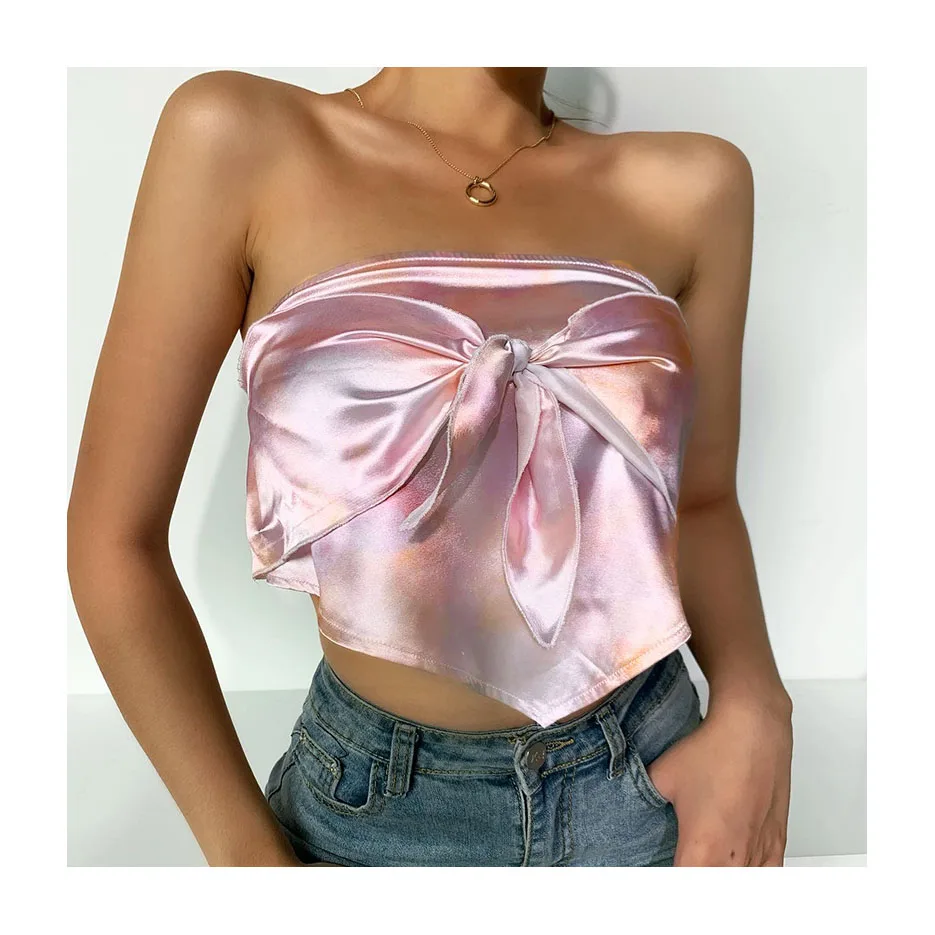 

W0833 silk tube top women bow crop top asymmetric strapless vest stretch backless shirts summer cami casual streetwear tank top