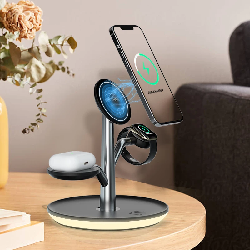 

15W Wireless Charger 3 in 1 Magnetic Fast Charger Wireless Stand With Led Lamp, Black