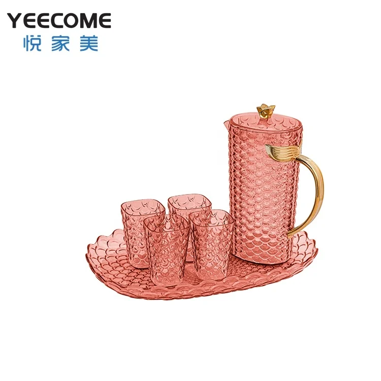 

Yeecome Own Brands PS Plastic Fish Scale Kettle Orange Transparent Drinkware Water Jug Set With 4 Cup And Tray