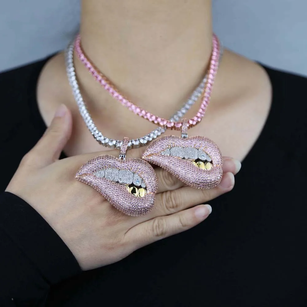 

New arrived big hip hop pendant micro pave pink white cz tirple tone plated dripping lip necklace, Silver