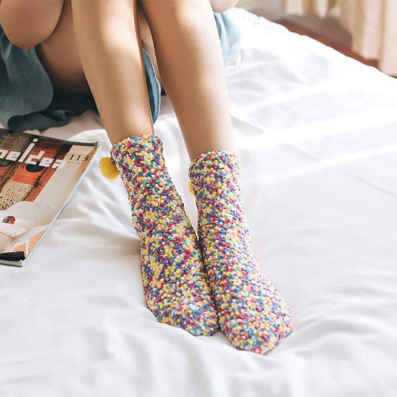 

WIIPU New girl four seasons warm coral velvet floor socks candy color cute cake towel socks in tube sleep socks