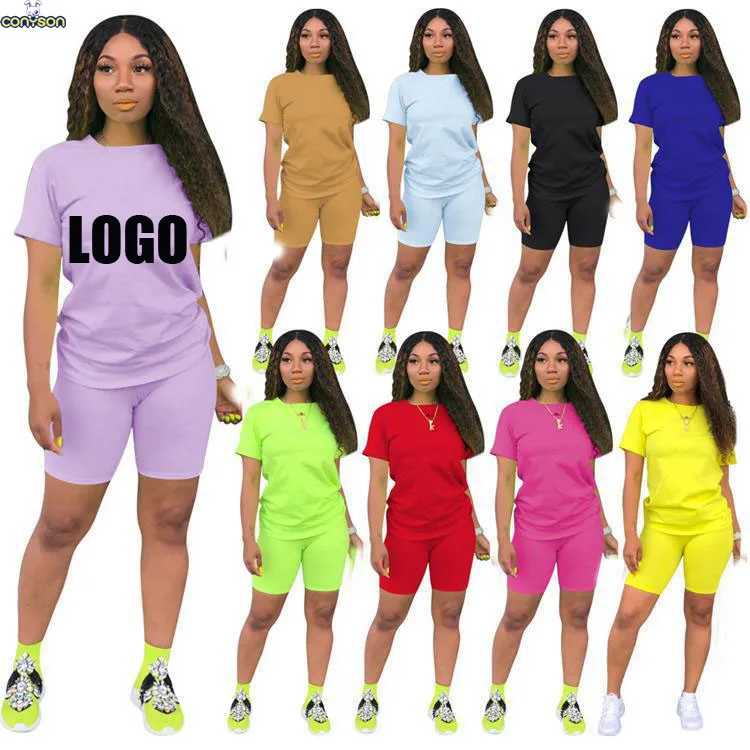 

Hot sale Custom logo Pure Color Sport Clothes Suit two-piece Ladies solid t-shirt Shorts Clothing Set Summer sportsuit For Women