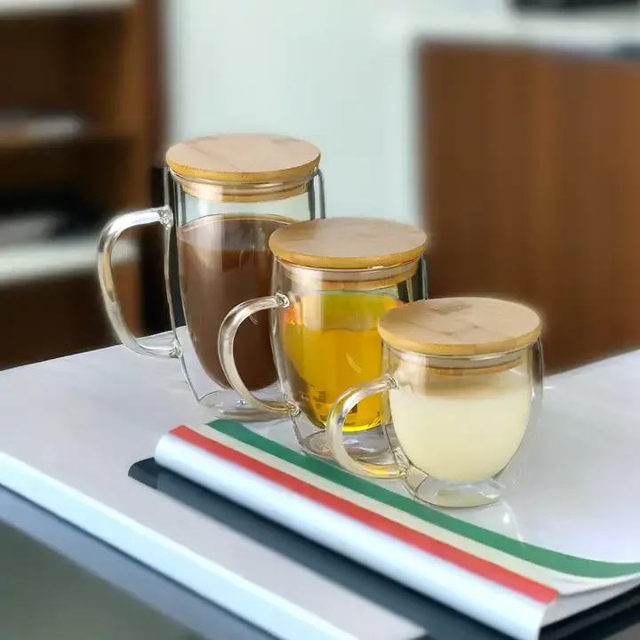 Handblown High Borosilicate Transparent Glass Drinking Mug Double-Wall Glass Coffee Cup with Handle and Bamboo Wooden Lid