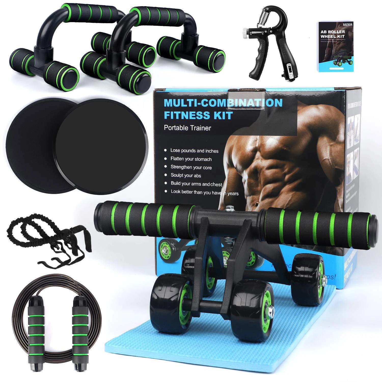 

fitness training accessories 10 in 1 4 wheel ab roller set, Black,blue,green,red