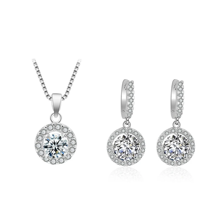 Jewelry women wedding display silver pendant round CZ gemstone bridal necklace earring set