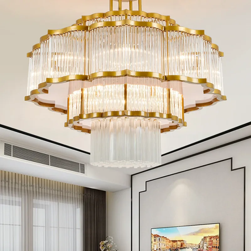 New Chinese style living room chandelier villa hall glass light luxury crystal lamp duplex building tea room hotel lamp