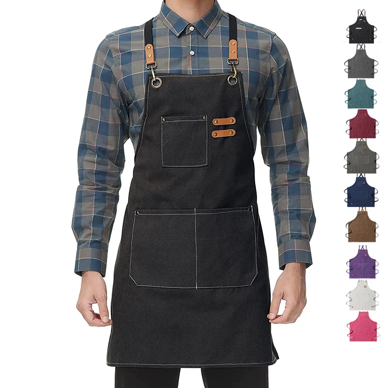 Wholesale Custom Durable Washed Canvas Chef Barista Garden Cooking Restaurant Bbq Apron for Men