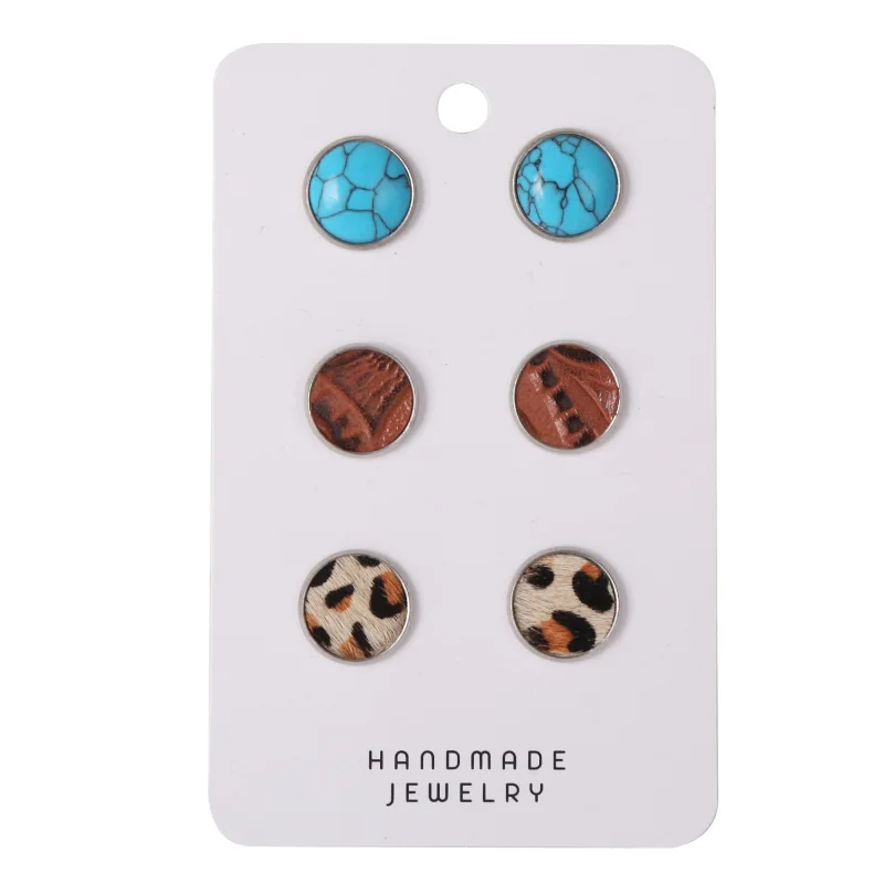 

3pairs Turquoise Leather Earring Leopard Textured Bohemian Originality Party Festival Hot Sale Trendy Earrings Studs for Women