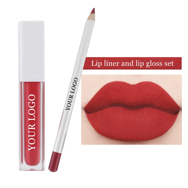 

Pigmented vegan lip gloss and lip liner logo customize 2 in 1 matte liquid lipstick with lip liner private label