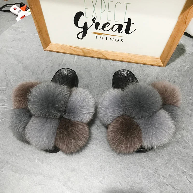

reliable quality fur slides for women mink slides fox hair slippers for women, Customized