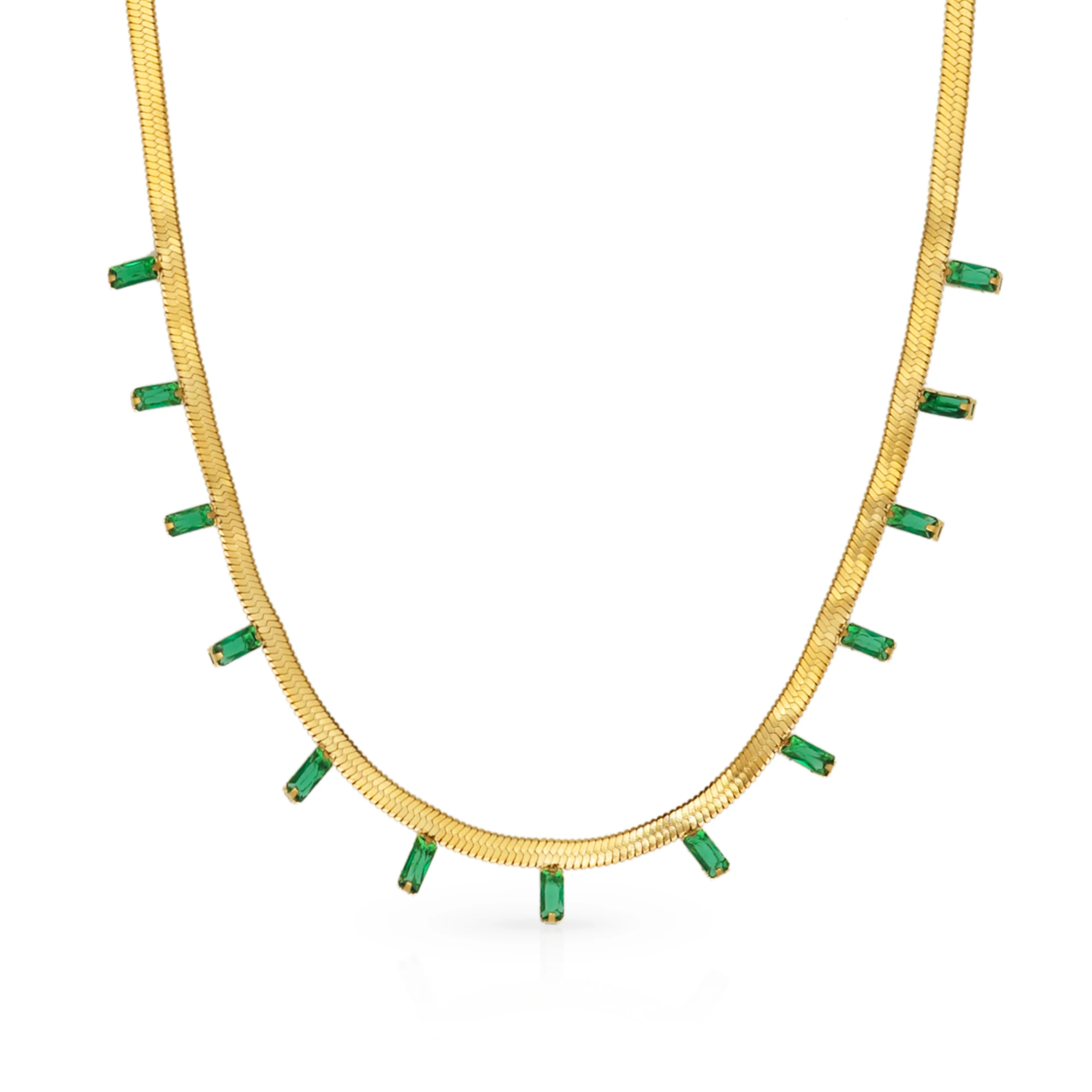 Chris April in stock 316L Stainless steel PVD plated emerald green zircon herringbone chain necklace