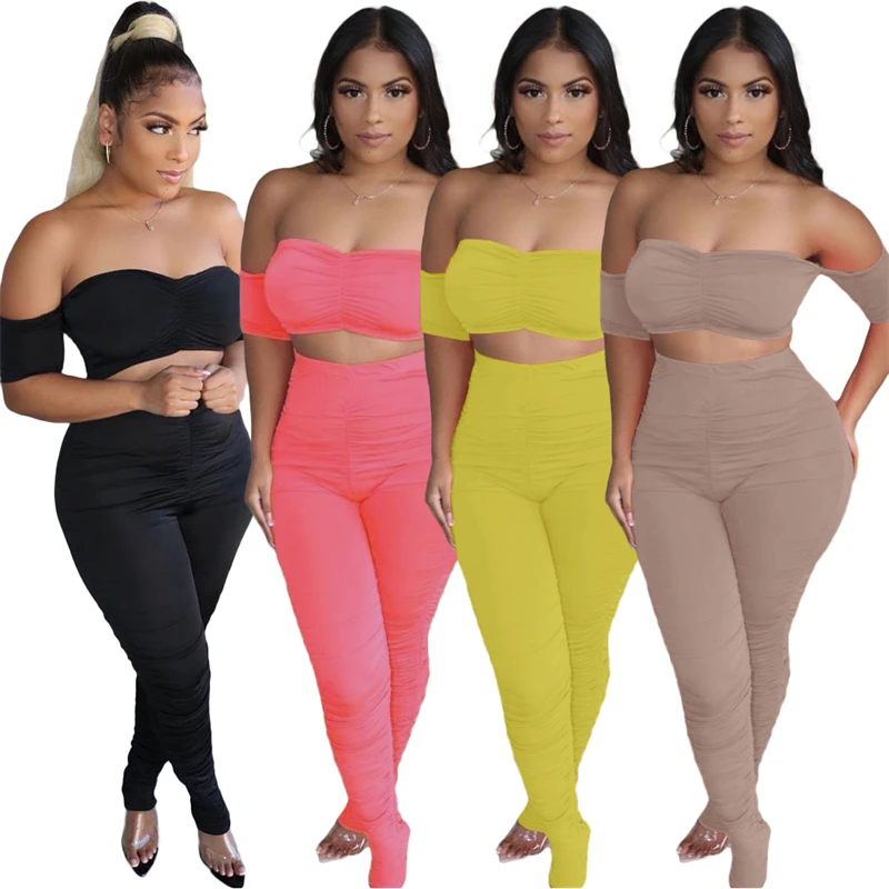 

women 2022 sexy summer outfits sets short sleeve pleated tube top and leggings two 2 piece set boutique clothes for summer women