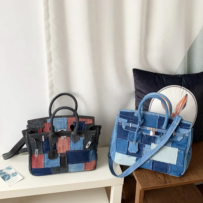 

2021 New Tote Bags Women Hand Bags Ladies Luxury Cute Designer Cosmetic Wholesale Denim Purses Handbags Patchwork Box Bags