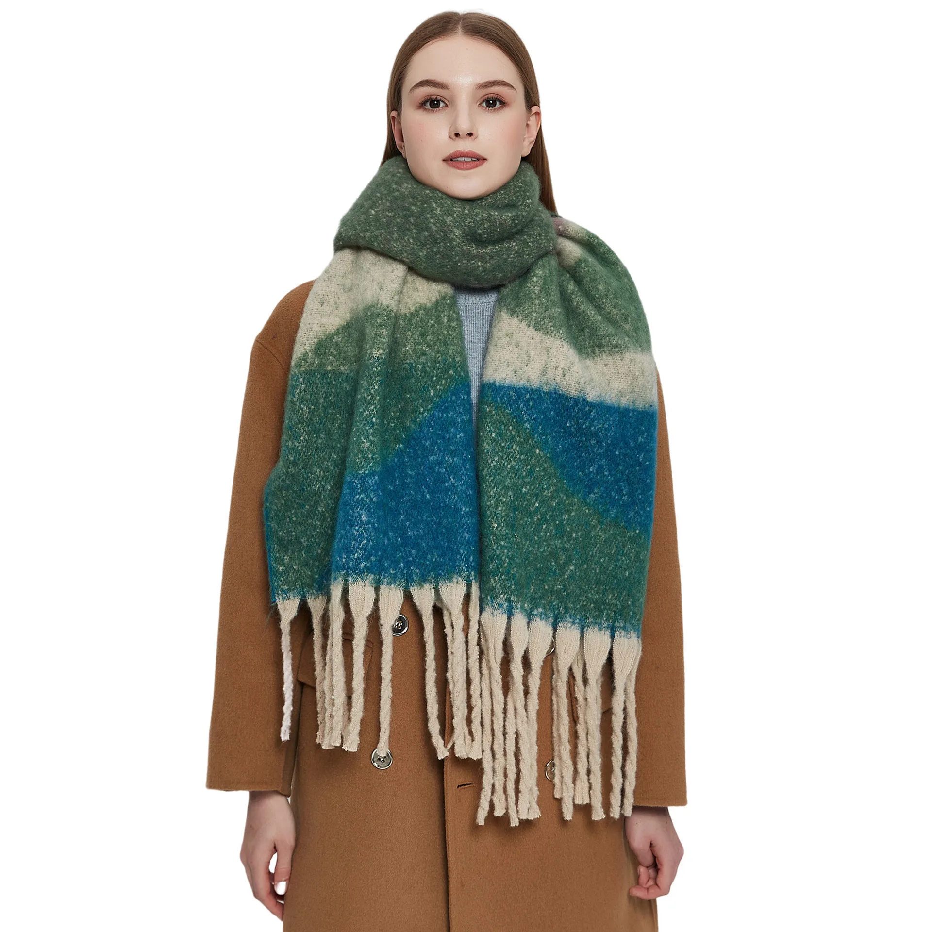 High-quality Women's Autumn and Winter Scarf with Thick Warm Collar and Geometric Tassel Maher Ring