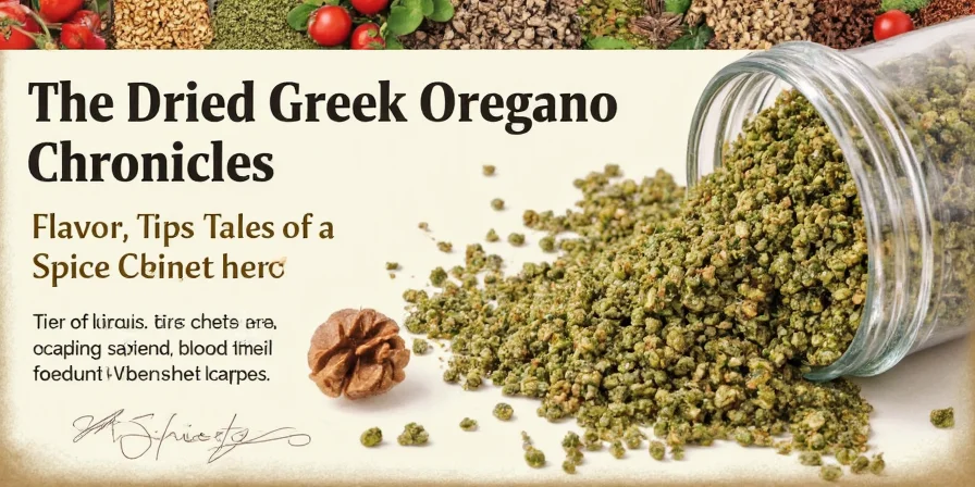 Close-up of dried Greek oregano leaves on a wooden table