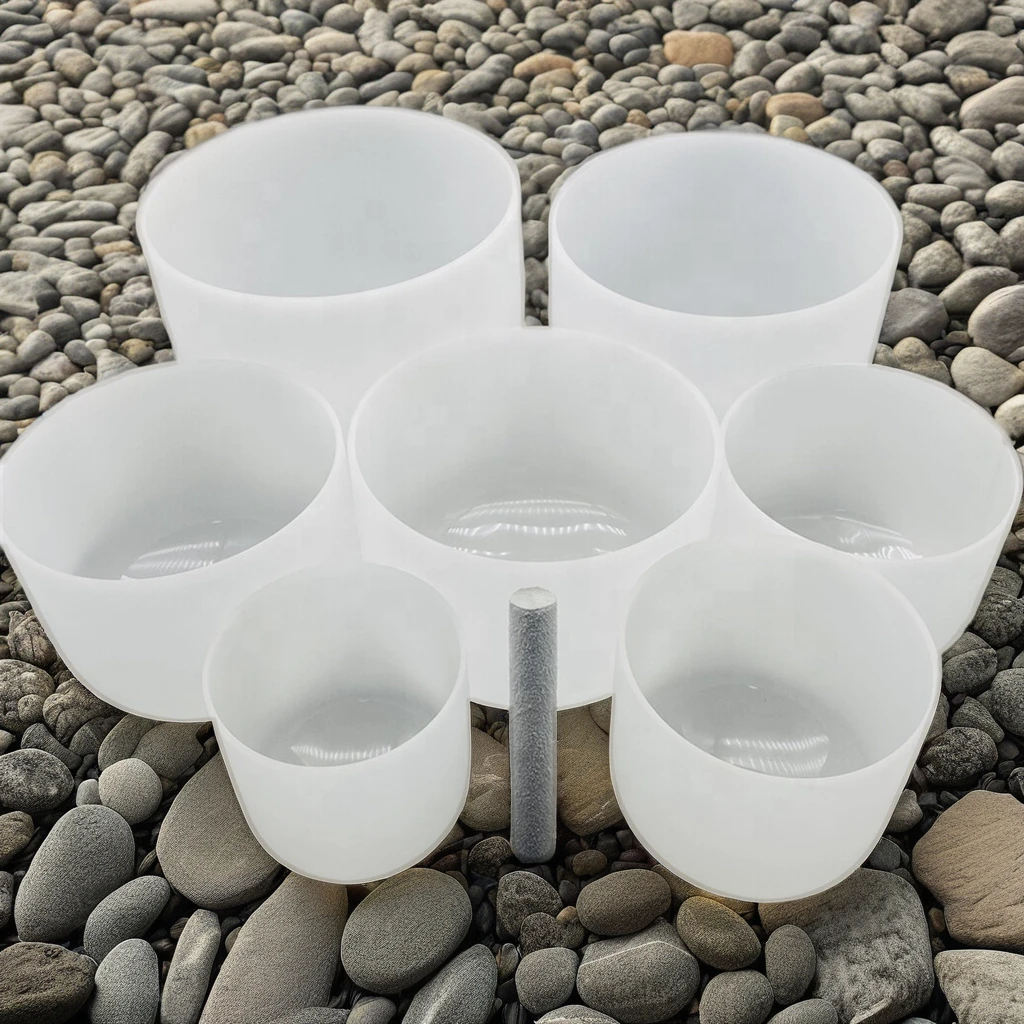 Wholesale White Set of 7 Crystal Sound Bowls Chakra Frosted Quartz Crystal Singing Bowl Set for Healing Medit