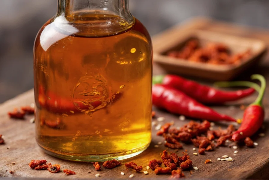 Close-up of artisanal chili oil in glass bottle with visible chili flakes and sesame seeds