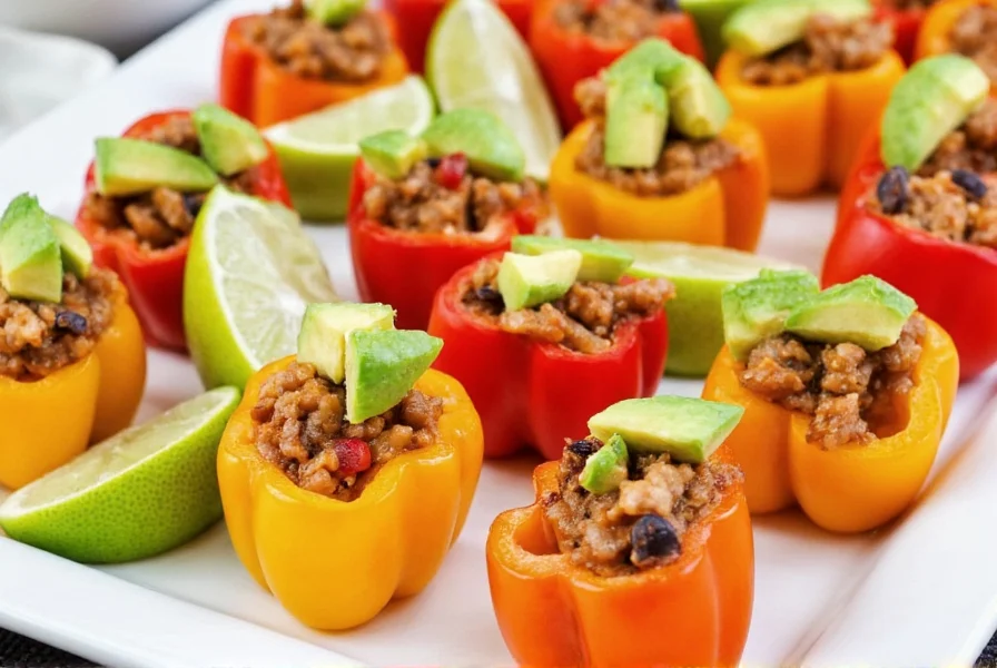Finished bell pepper taco bites served on a platter with lime wedges and avocado garnish