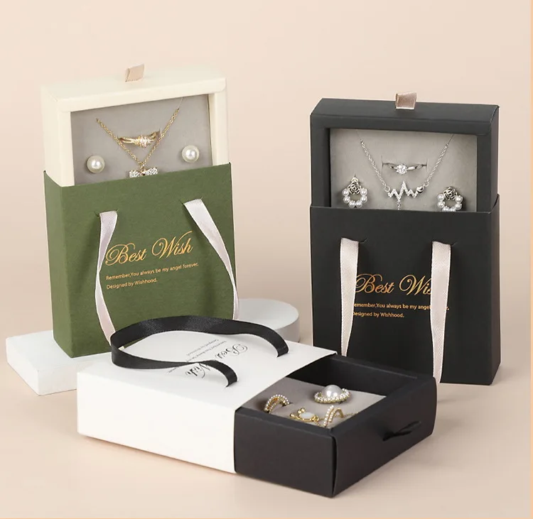 

Custom Logo Cute Drawer Jewelry Packaging Box Slider Paper Jewellery Gift Box Sliding Ring Necklace Set Box with Handle