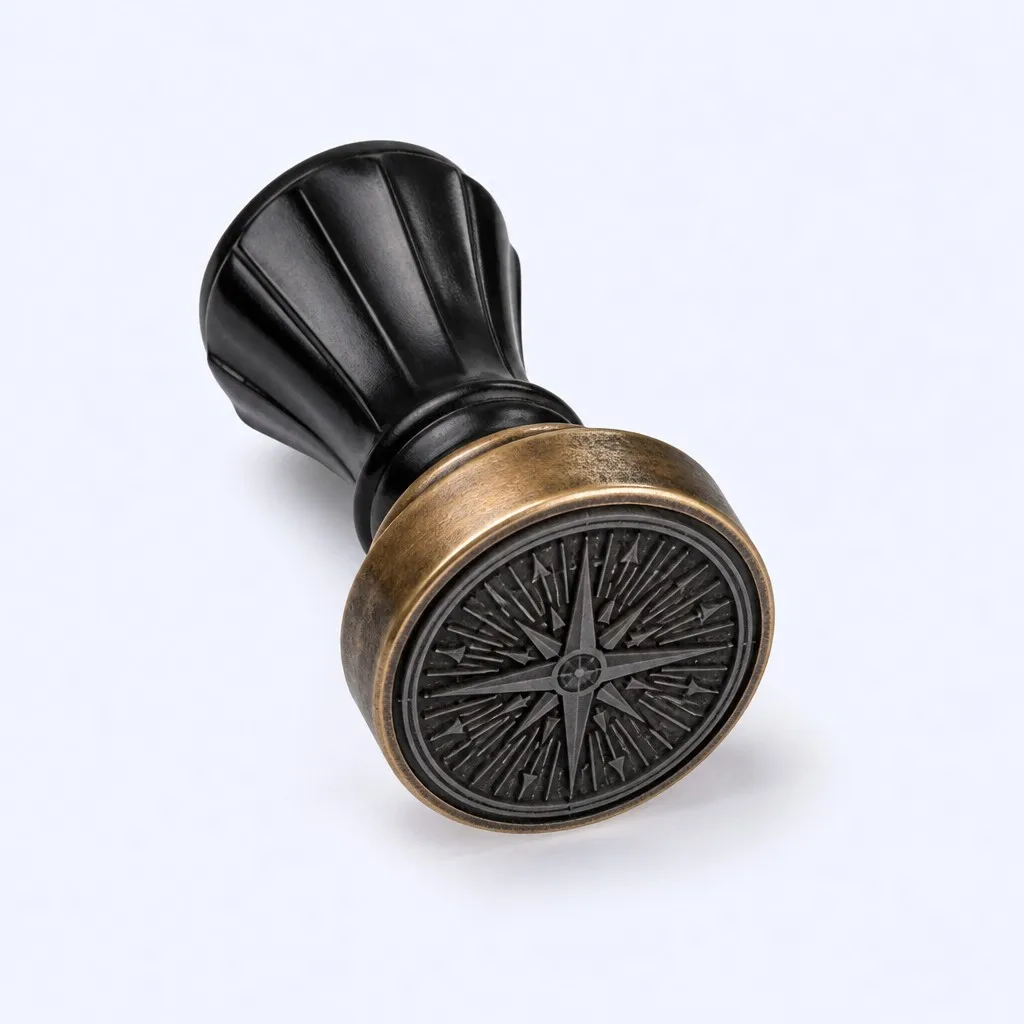 Explorer Compass stamp - dark Art Deco resin handle with antique bronze collar and compass-rose engraving