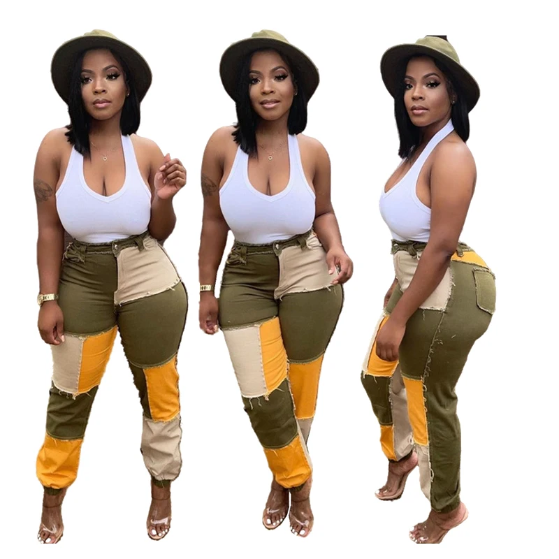 

2021 fall and winter New design patch Patchwork jeans Washed Straight Skinny jeans pant for women, 2 colors