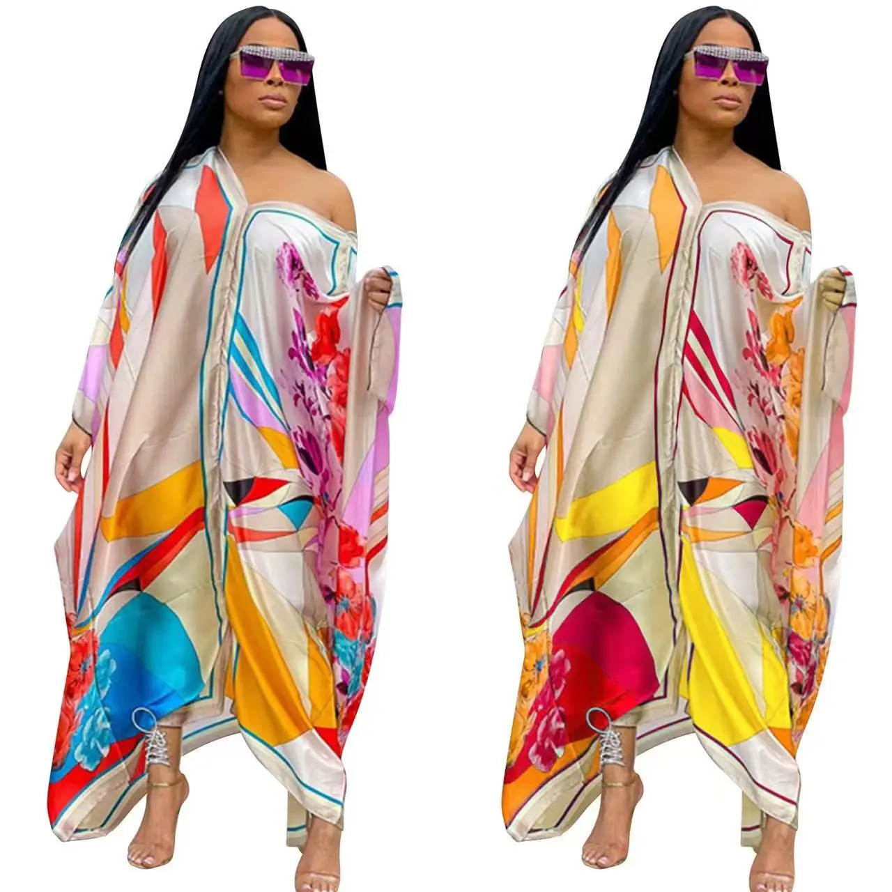 

J&H fashion Abaya Muslim Dresses Caftan Marocain Silk Dress Vestidos Elegantes Floral Print Full Length Maxi Boho Dress Women, As picture